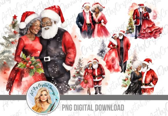 Black Santa Mrs. Claus Christmas PNG Illustrations
