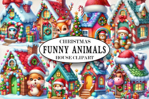Christmas Funny Animals House Clipart for Creative Illustrations