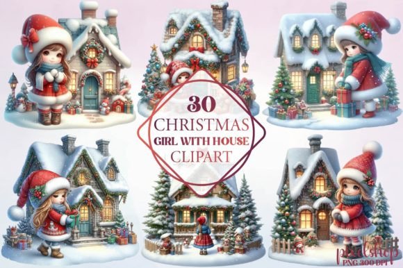 Christmas Girl with House Clipart: Freebies for Seasonal Branding