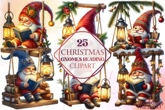 Christmas Gnomes Reading Clipart: Cozy Illustrations for Crafters