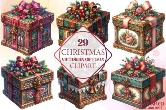 Christmas Victorian Gift Box Clipart for Brand Illustrations