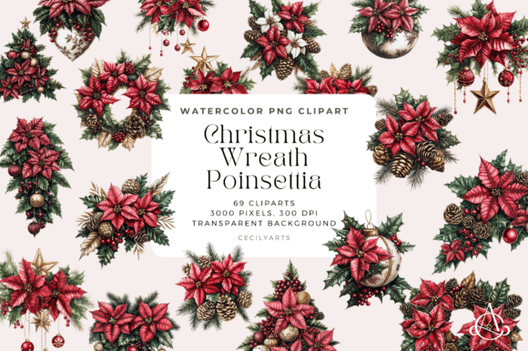 Christmas Wreath Poinsettia Cliparts