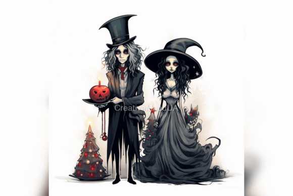 Gothic Couple Celebrating Christmas PNG for Illustrations