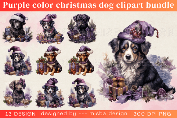 Purple Color Christmas Dog Clipart Bundl: Illustrations for Modern Branding