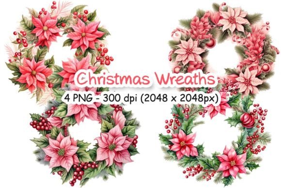 Set of 4 Cute Christmas Wreaths PNG File for Illustrations