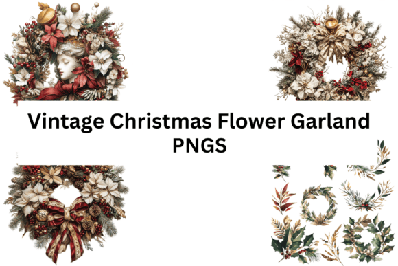 Vintage Christmas Flower Garland PNGS for Illustrations