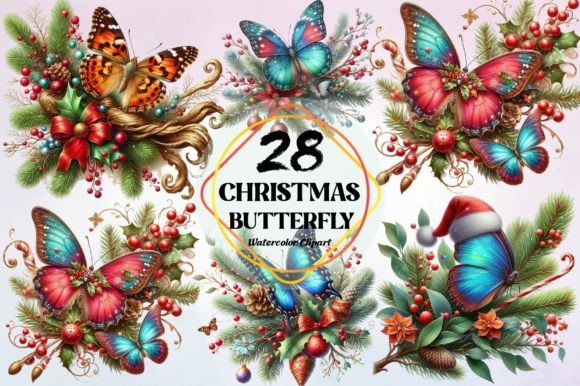Watercolor Christmas Butterfly Clipart for Illustrations