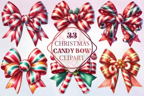Watercolor Christmas Candy Bow Clipart for Modern Illustrations