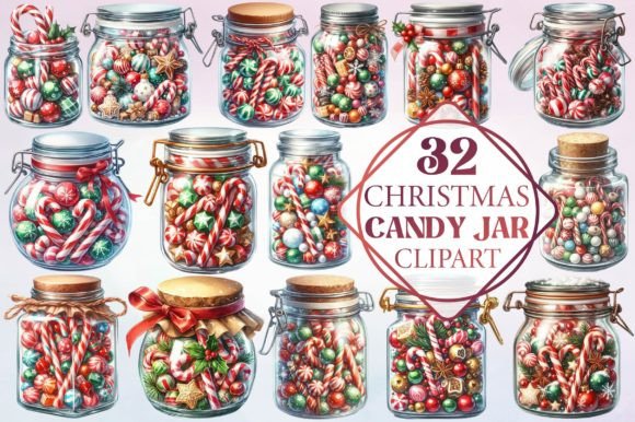 Watercolor Christmas Candy Jar Clipart for Seasonal Illustrations