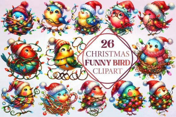Watercolor Christmas Funny Bird Clipart for Creative Illustrations