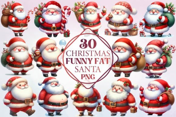 Watercolor Christmas Funny Fat Santa for Illustrations