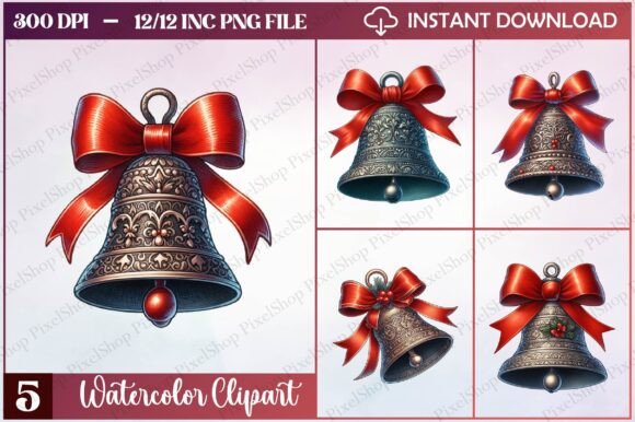 Watercolor Christmas Gothic Bell Clipart and Freebies for Branding