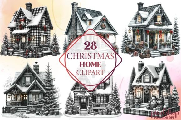 Watercolor Christmas Home Clipart for Illustrations