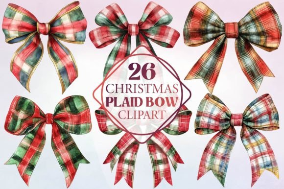 Watercolor Christmas Plaid Bow Clipart for Festive Illustrations